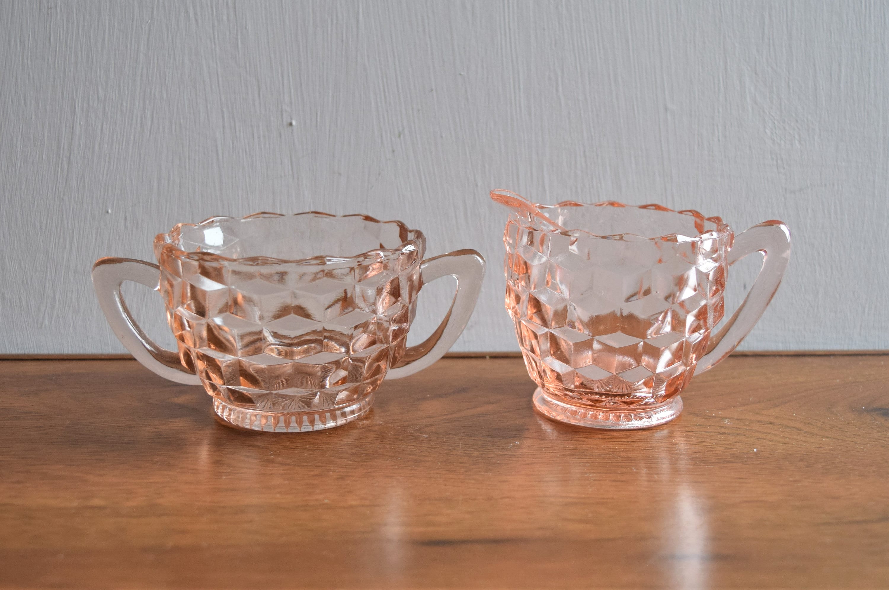 Pink Depression Glass Diamond Pattern Sugar and Creamer