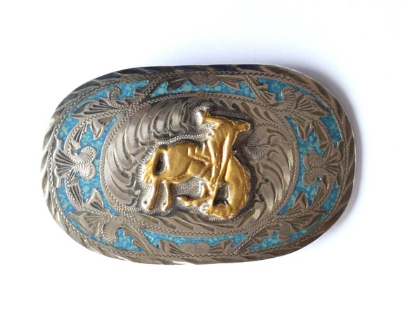 Cowboy Saddle Teal Inlay Belt Buckle - image 1