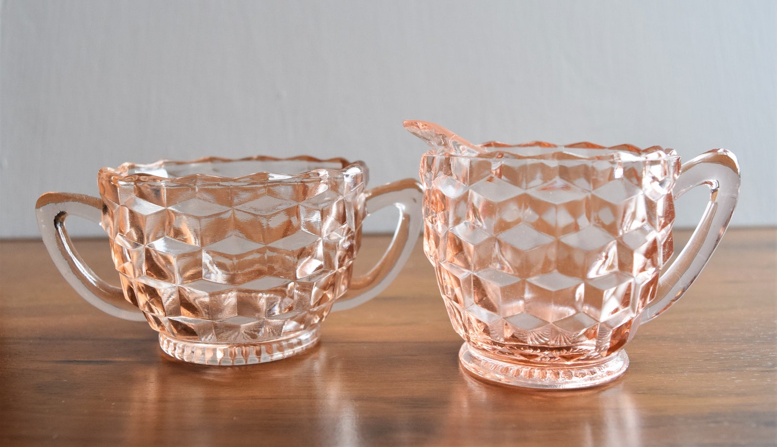Pink Depression Glass Diamond Pattern Sugar and Creamer
