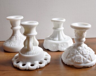 Set of 4 Mixed Milk Glass Candle Holders/  White Candlesticks/ Westmorland Old Quilt Dorie Grape Panel/ L E Smith Grape & Leaves