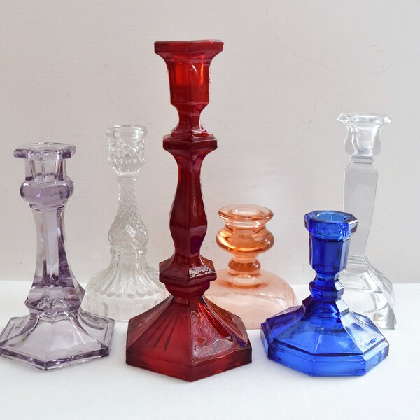 Set of 6 Mixed Candle Holders/Blue-Pink- Clear- Red- Amethyst Glass Candlesticks/Depression Glass Art/GCH009