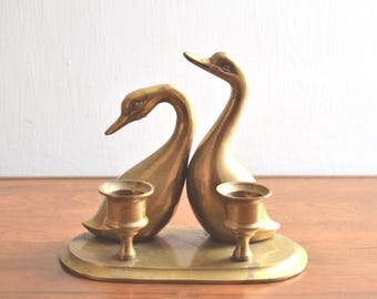 Brass Pair of Geese Figurine Candle Holder Vintage Swans Figurine
