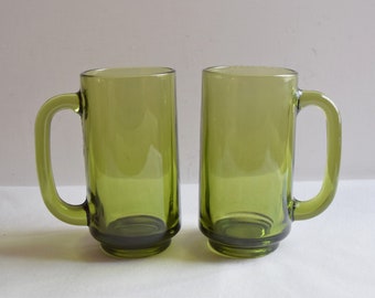 Set of 2 Green Hazel Atlas Beer Glasses/ Vintage Glass Mugs