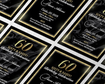 May include: Black and gold birthday invitation with a satin background and the text "Sixty & Sassy! Birthday Celebration" for Diane Adams. The date is October 20, 2018, and the time is 9:00 PM to 1:00 AM. The address is 4930 N. Broad Street, Philadelphia, PA. RSVP information is included with phone numbers.
