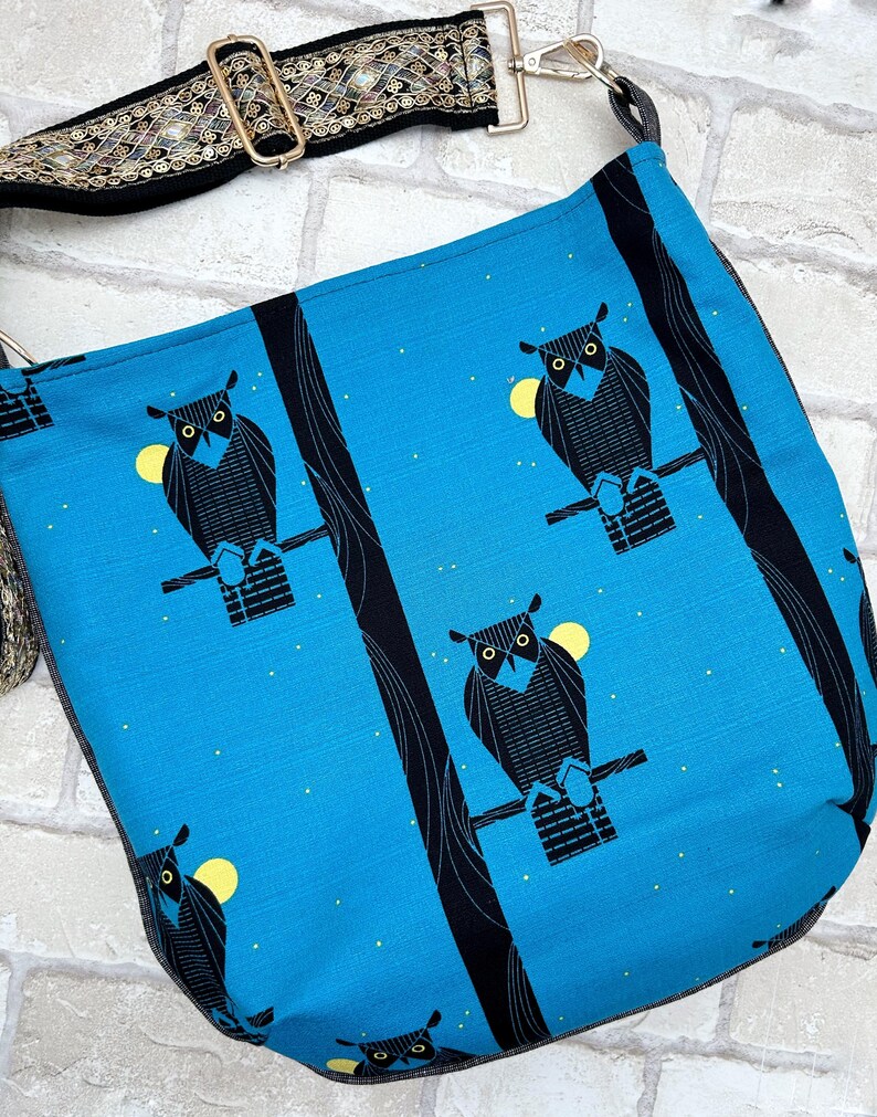 Large Owl Tote, Fall Crossbody Purse, Guitar Strap, Pretty Slouchy Bag