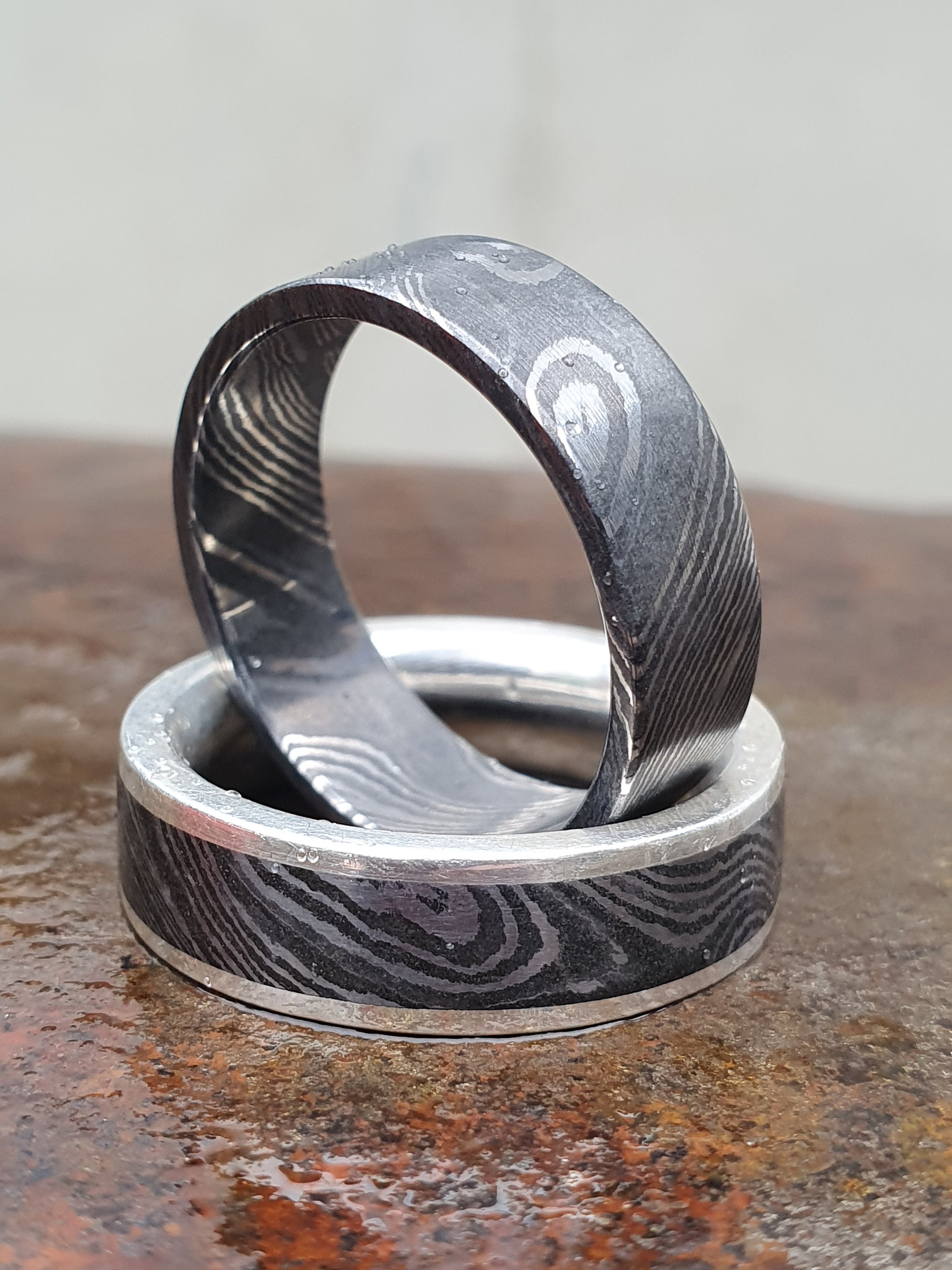 Damascus Ring Timascus Ring Mens Ring Titanium Damascus Etsy