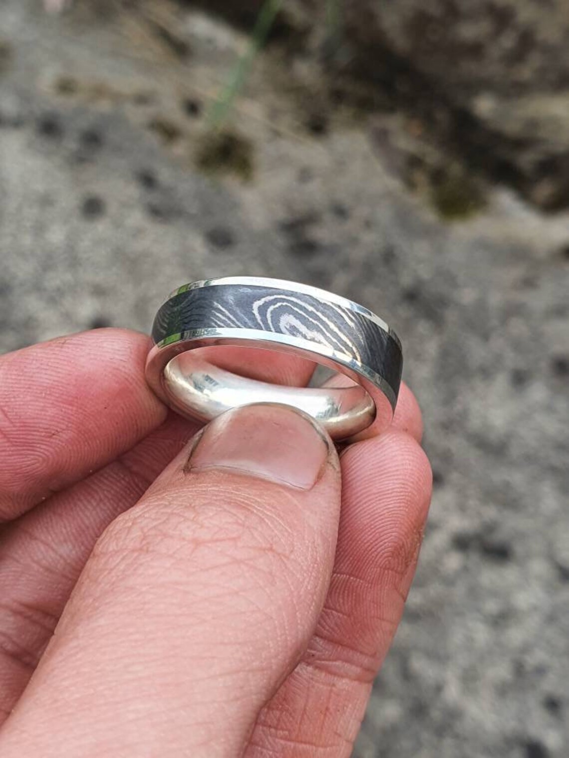 Damascus And Silver Ring Mens Wedding Ring Mens Ring Etsy