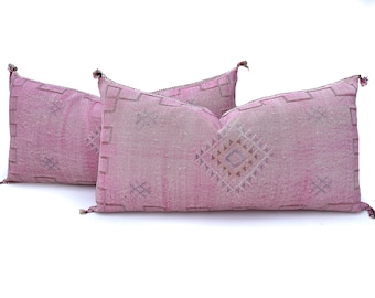 Handmade Pink Cactus Silk Lumbar Pillow: Moroccan Sabra Cushion (20x40)