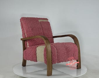 Handcrafted Moroccan Wood Armchair: Purple Wool Boho Accent Chair