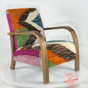 Moroccan Kilim Rug Accent Chair, Mid-Century Modern Lounge Chair, Retro Vintage Style Armchair, Cozy Dining Room Decor