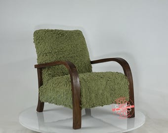 Handcrafted Moroccan Armchair: Purple Wool, Walnut Wood Frame