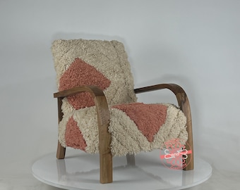 Handcrafted Moroccan Armchair: Walnut Wood, Purple Wool, Boho Chic