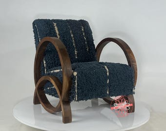 Handcrafted Moroccan Wood Armchair: Purple Shaggy Wool, Boho Chic