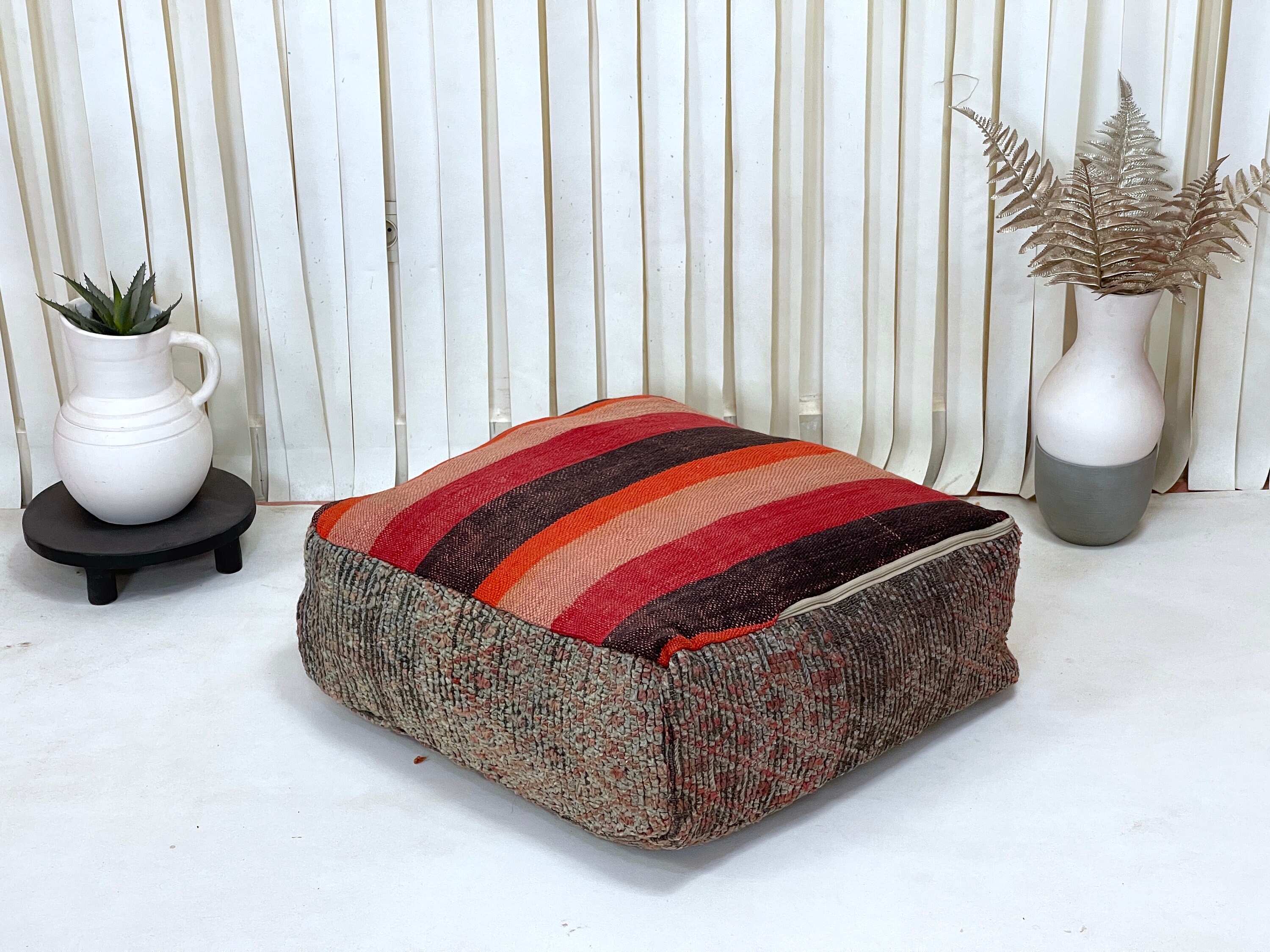 手織り風ウールクッションカバー モロッコ キリム 2枚セット プフ