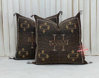 Handmade Moroccan Cactus Silk Pillow Cover: Dark Brown Accent Pillow (20x20)