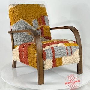 Moroccan Kilim Rug Accent Chair, Mid-Century Modern Lounge Chair, Retro Vintage Style Armchair, Cozy Dining Room Decor