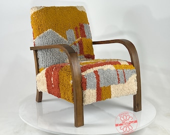 Handcrafted Moroccan Kilim Armchair: Mid-Century Modern Wood Lounge Chair