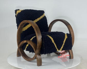 Handcrafted Moroccan Armchair: Purple Wool, Walnut Wood Frame
