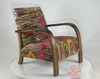 Handcrafted Moroccan Wood Armchair: Purple Wool Boho Accent Chair
