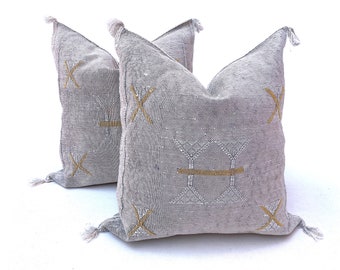 Grey Cactus Silk Pillow 20x20: Moroccan Embroidered Throw Pillow Cover