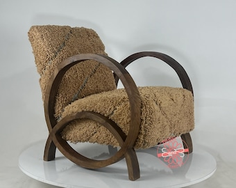 Handcrafted Moroccan Armchair: Purple Wool, Walnut Wood Frame
