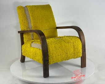 Handcrafted Moroccan Wool Armchair: Walnut Wood Boho Lounge Chair