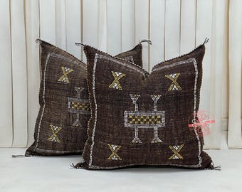 Handmade Moroccan Cactus Silk Pillow Cover: Dark Brown Accent Pillow (20x20)