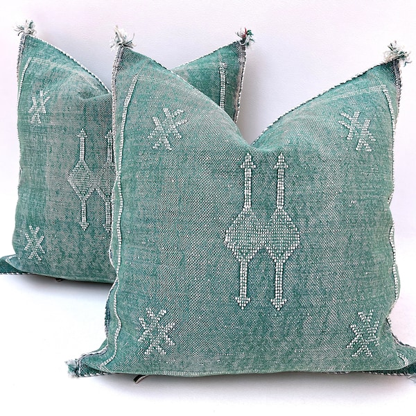 green Pillows silk 18x18,Pillow Cactus Silk, White Lumbar Cushion Handmade Cactus Silk Decorative Pillow, Moroccan Sabra Decorative Cushion