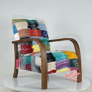 Cozy Dining Room Decor, Moroccan Kilim Rug Accent Chair, Mid-Century Modern Lounge Chair, Retro Vintage Style Armchair