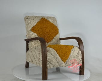 Handcrafted Moroccan Armchair: Walnut Wood & Purple Wool