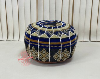 Pouf marocain élégant, pouf bohème, pouf marocain spécial, cuir véritable, pouf fonctionnel, pouf mixte cuir et tissu, pouf marocain