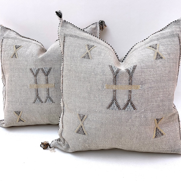 Grey Cactus Silk Pillow 20x20: Handmade Moroccan Embroidered Cushion