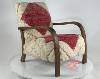 Handcrafted Moroccan Kilim Rug Armchair: Walnut Wood Boho Accent Chair