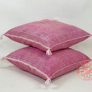 May include: Two pink throw pillows with white fringe and a subtle geometric pattern. The pillows are stacked on top of each other.