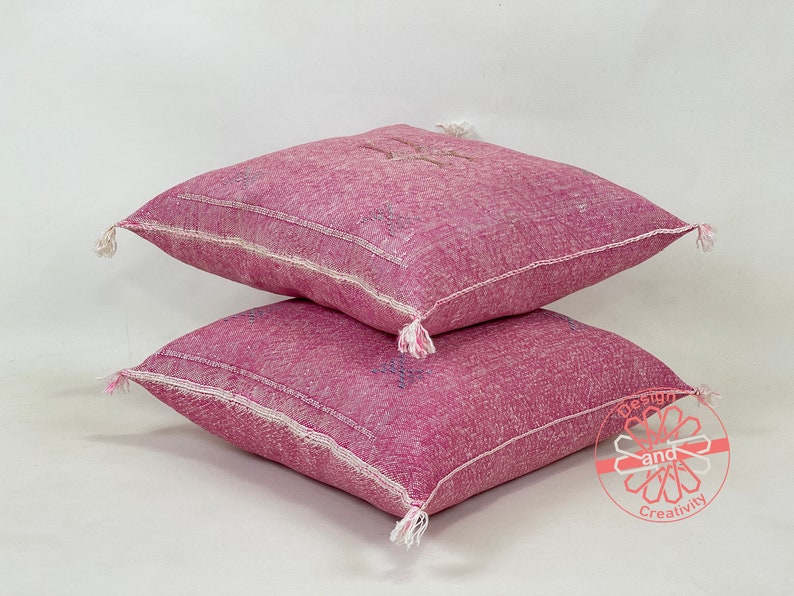 May include: Two pink throw pillows with white fringe and a subtle geometric pattern. The pillows are stacked on top of each other.
