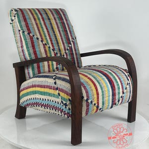 Mid-Century Modern Lounge Chair, Retro Vintage Style Armchair, Cozy Dining Room Decor, Moroccan Kilim Rug Accent Chair
