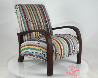 Handcrafted Moroccan Kilim Armchair: Mid-Century Modern Wood Lounge Chair