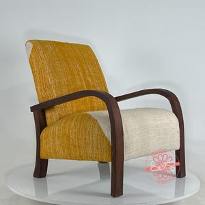 Moroccan Kilim Rug Accent Chair, Mid-Century Modern Lounge Chair, Retro Vintage Style Armchair, Cozy Dining Room Decor