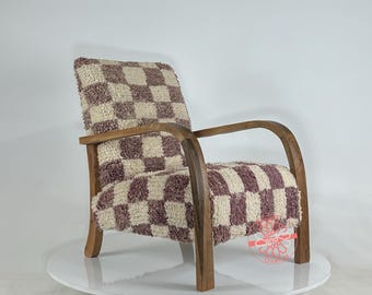 Handcrafted Moroccan Armchair: Purple Wool, Walnut Wood Frame
