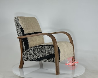 Handcrafted Moroccan Wood Armchair: Bohemian Chic Purple Wool