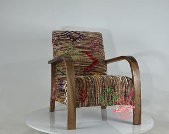 Moroccan Kilim Upholstered Armchair - Walnut Wood Frame