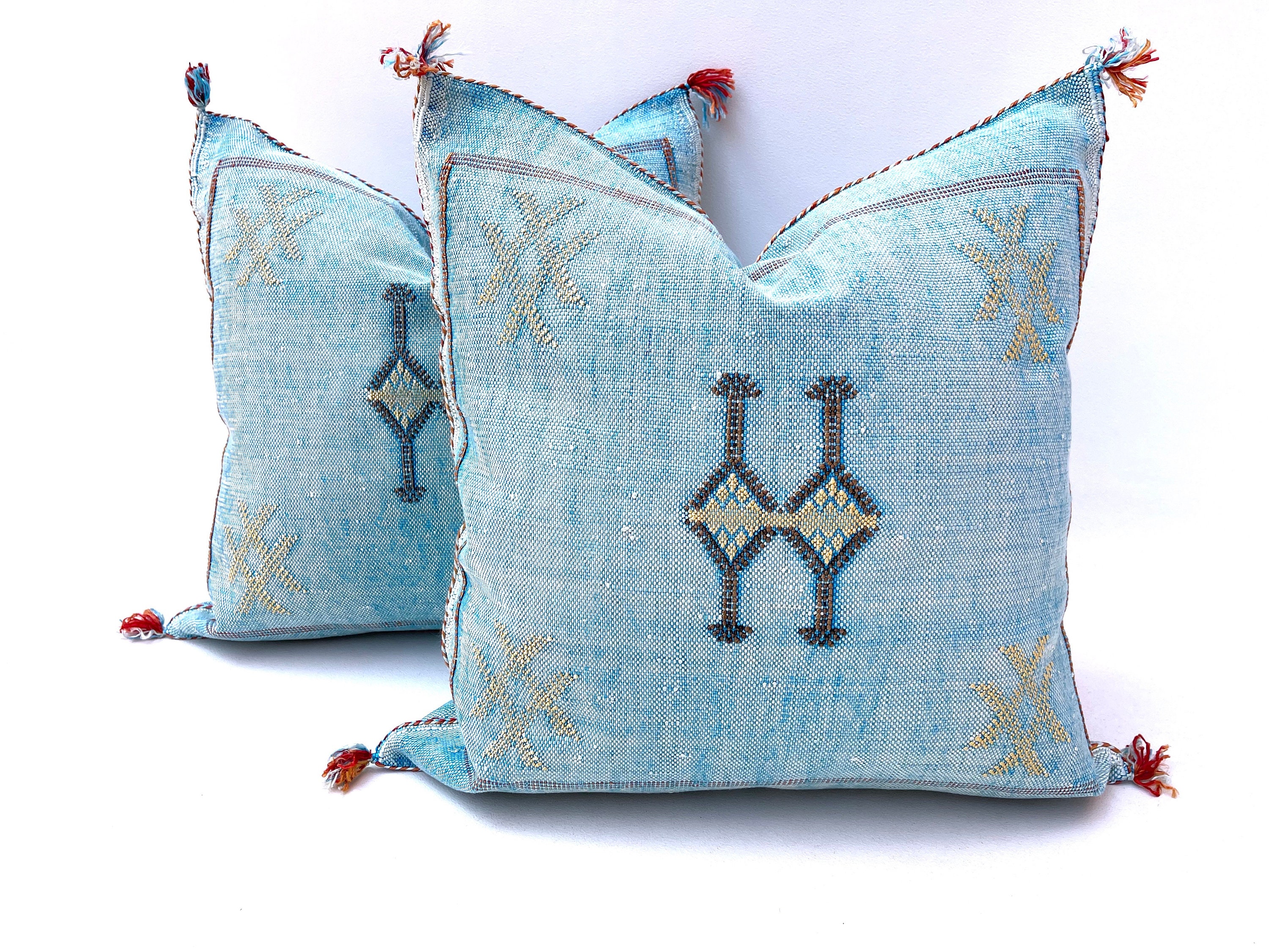 Blue Cactus Silk Pillow 20x20: Moroccan Sabra Throw Pillow