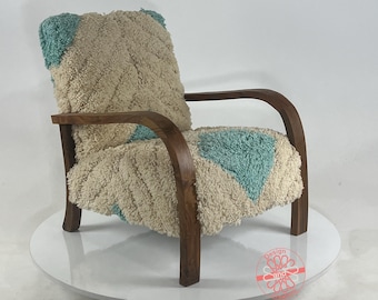 Handcrafted Moroccan Wood Armchair: Shaggy Wool Boho Accent Chair