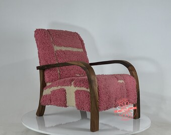 Handcrafted Moroccan Wood Armchair: Purple Shaggy Wool, Bohemian Chic