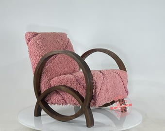 Handcrafted Moroccan Wood Armchair: Purple Shaggy Wool, Boho Chic
