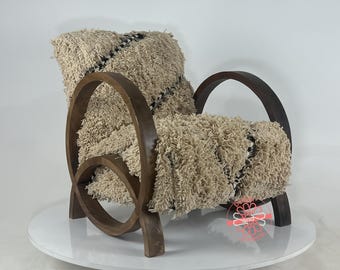 Handcrafted Moroccan Armchair: Purple Wool, Curved Walnut Frame