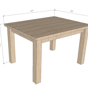 May include: A light wood square table with a 48-inch by 38-inch top and 30-inch legs.