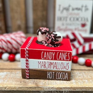 Hot Cocoa Book Stack, Candy Canes, Marshmallows, Hot Cocoa Bar, Christmas Hot Cocoa Book Stack for Tier Tray, Peppermint Decor, image 1