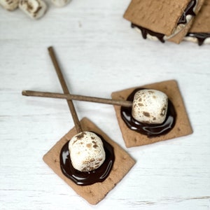 Set of 2 Fake S’mores on a Stick, Roasted Marshmallows, S&#39;mores Decor, Toasted Marshmallows On A Stick, S&#39;mores Tiered Tray, Camping Theme