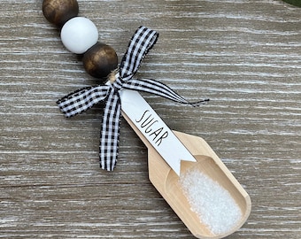 Farmhouse  Sugar Scoop, Sugar Canister Scoop, Rae Dunn Sugar Canister, Canister Decor, Tier Tray Decor, Wood Bead Garland Scoop